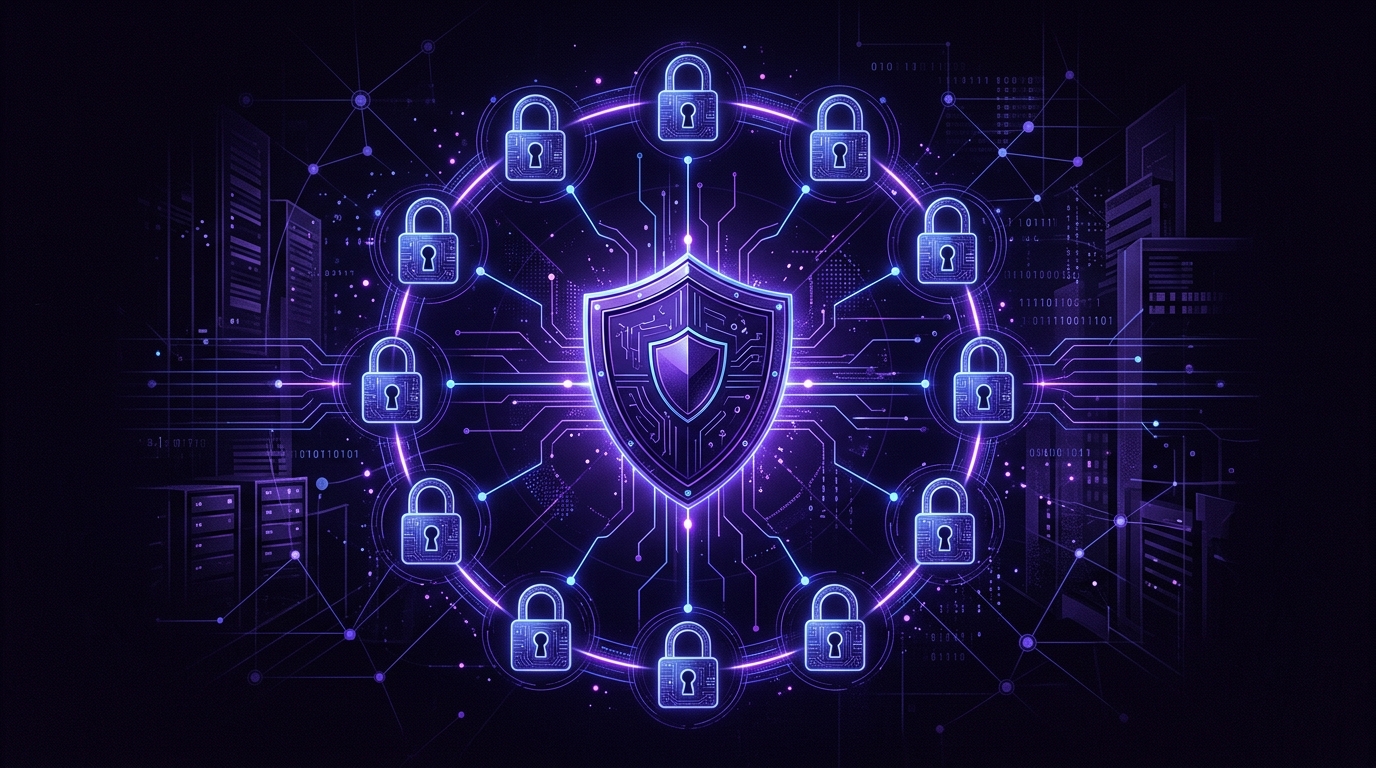 Abstraktes Microsoft 365 Security-Visual mit digitalem Schutzschild und Einstellungs-Icons, tiefblau-violett