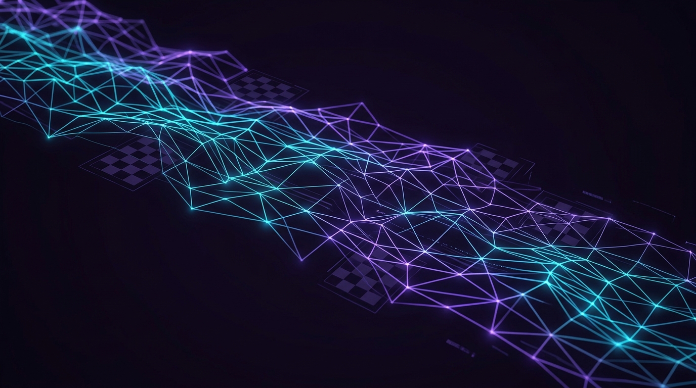 Microsoft Copilot Interface mit Sicherheits-Schachbrett-Feldern und Datengrenzen, dunkel-violette Tech-Ästhetik