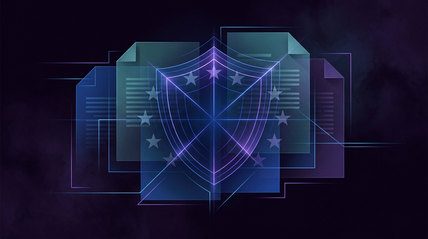 Abstraktes EU-Compliance-Visual mit digitalem Schutzschild und Gesetzesdokument, tiefblau-violett