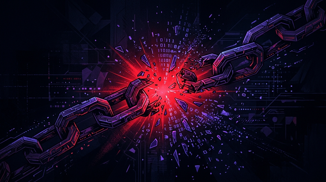 Gebrochene digitale Kette mit rotem Warnglow, verschlüsselte Datenfragmente auf dunklem Hintergrund