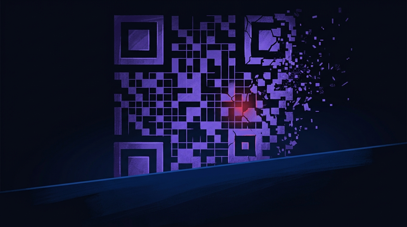 Smartphone mit QR-Code, der sich in eine Überwachungshand auflöst — Signal-Phishing Visualisierung
